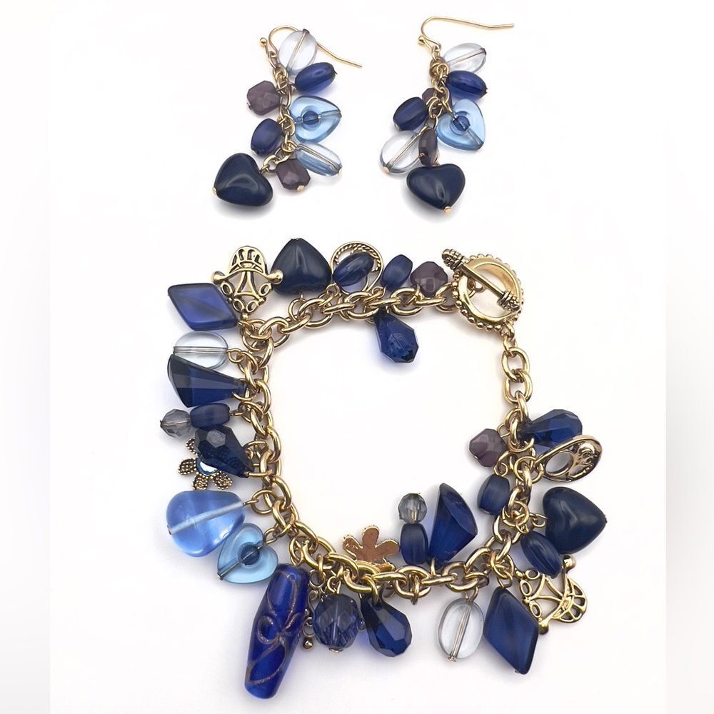 Blue glass bead charm bracelet and Earrings Set